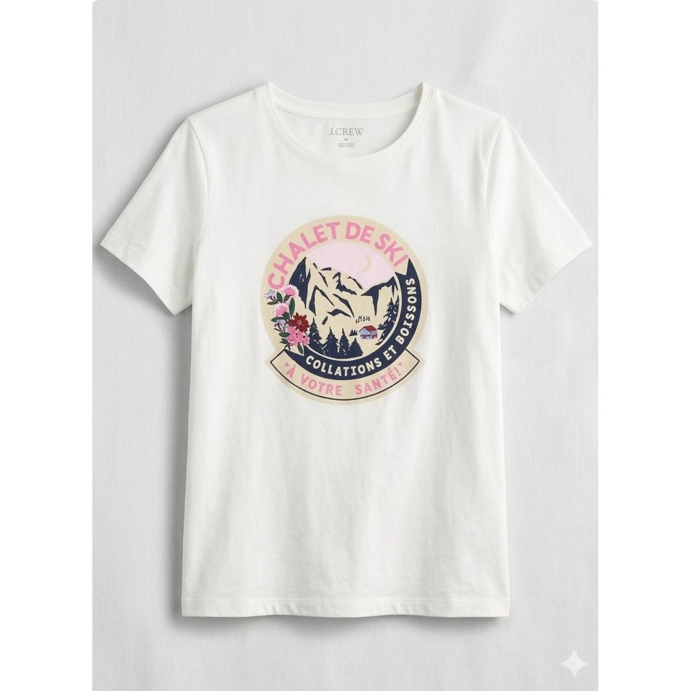 J.Crew Chalet De Ski Graphic T-Shirt White Cotton Short Sleeve Mountain Tee M